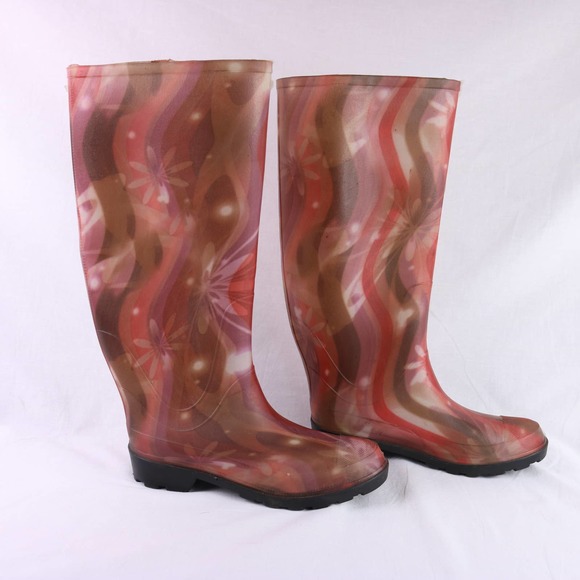 Unbranded Shoes - Pink Floral Tall Womens Waterproof Rainboots, 7